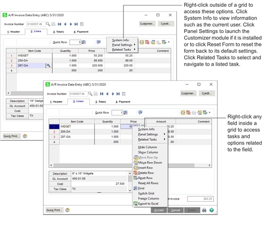 Data grid right-click options