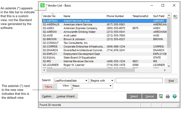 Lookup window with asterisk next to title to indicate that it's custom and asterisk next to "Basic" in the View field to indicate this is the default view