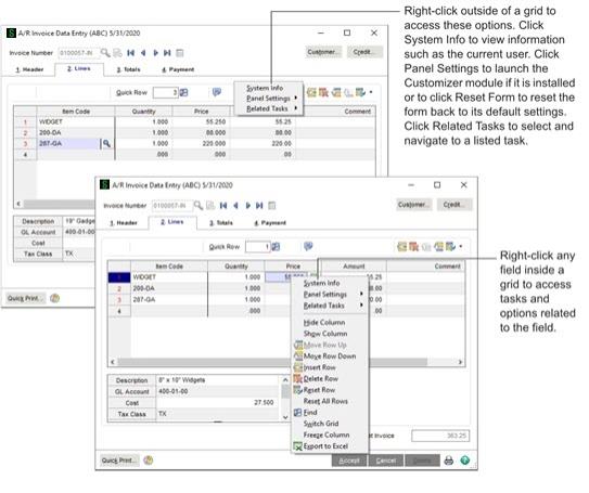 Data grid right-click options