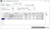 Sales Tax Code Maintenance window with 7.250000 entered in the Tax Rate column for the Taxable tax class