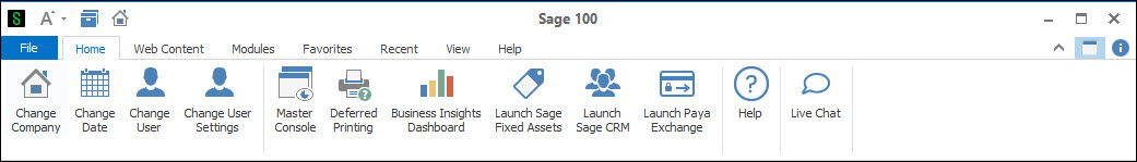 Home Ribbon on the Sage 100 Desktop