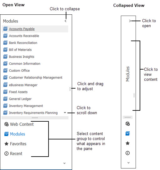 Sage 100 Desktop navigation pane open view and collapsed view