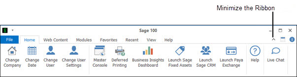 Sage 100 Desktop Minimize the Ribbon button