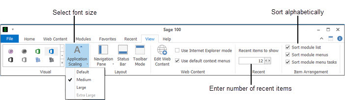 Sage 100 Desktop View tab Application Scaling button